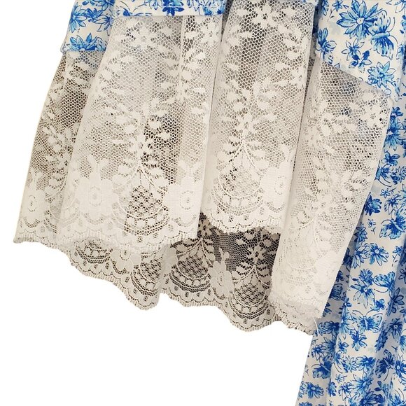 Prairie Cottage Core Maxi Dress Blue & White Floral Poet Sleeve Women's Med - Picture 6 of 11